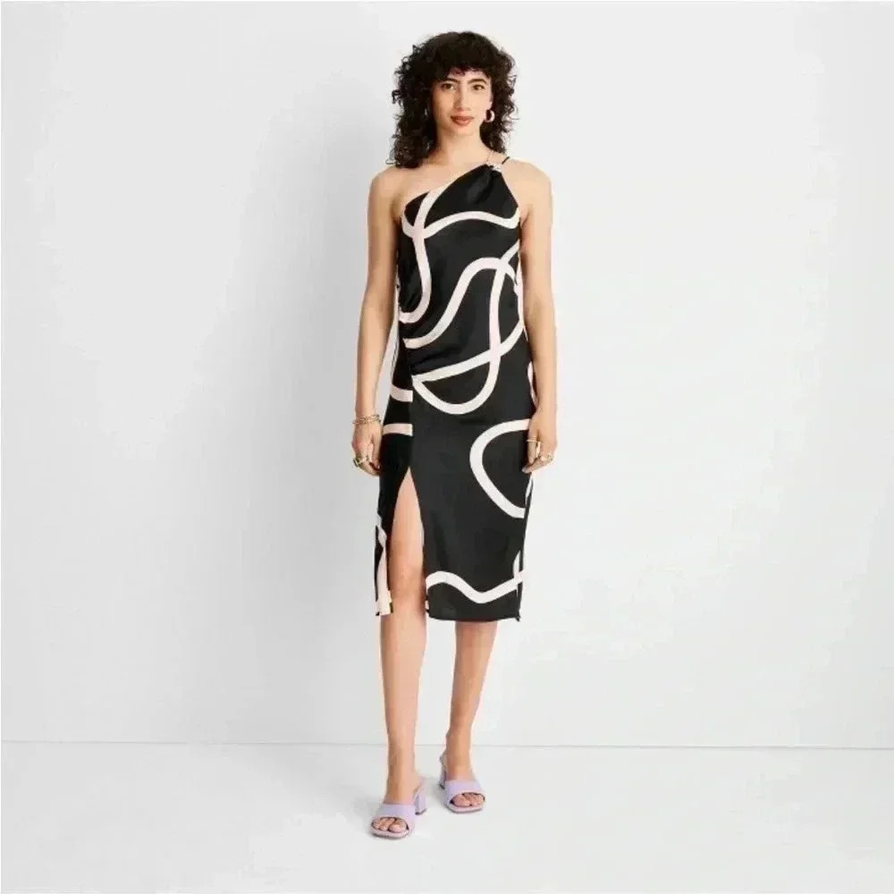 NWT Women's Abstract One Shoulder Slit Midi Dress - Alani‎ Noelle Black/White L